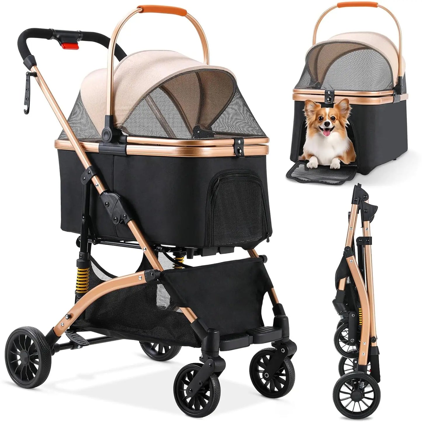 Dog Buggy 2 in 1 Stroller Dog Box Transport Foldable Stroller, 360° Wear-resistant Rubber Wheels, with Storage Basket