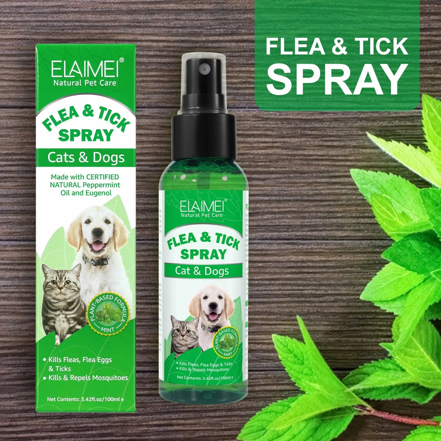 100ml Natural Pet Care Topical Flea & Tick Spray for Dog with Fresh Fragrance Peppermint Oil and Eugenol