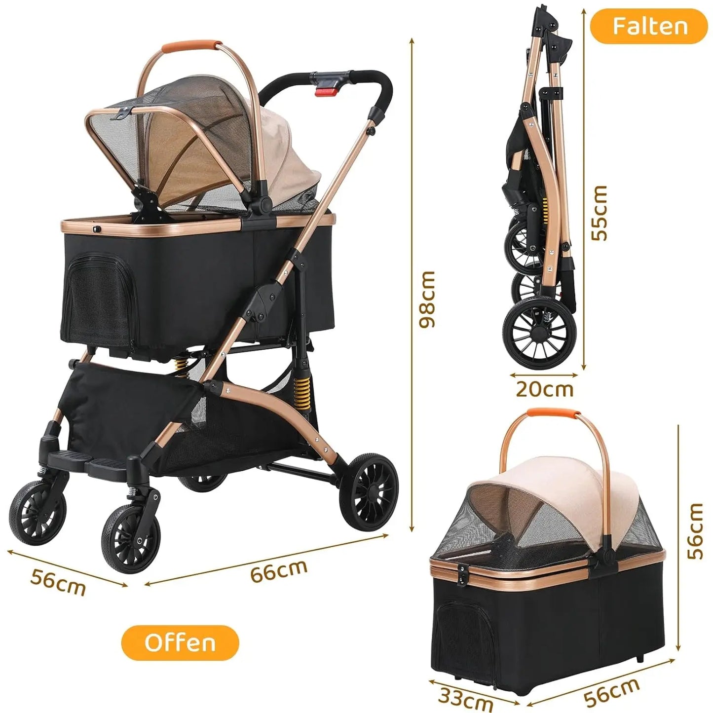 Dog Buggy 2 in 1 Stroller Dog Box Transport Foldable Stroller, 360° Wear-resistant Rubber Wheels, with Storage Basket