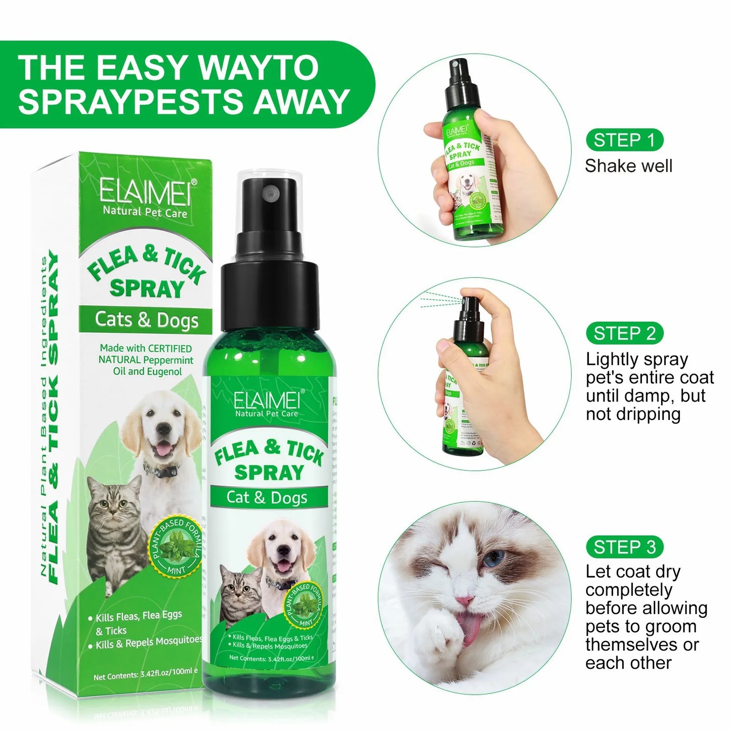 100ml Natural Pet Care Topical Flea & Tick Spray for Dog with Fresh Fragrance Peppermint Oil and Eugenol