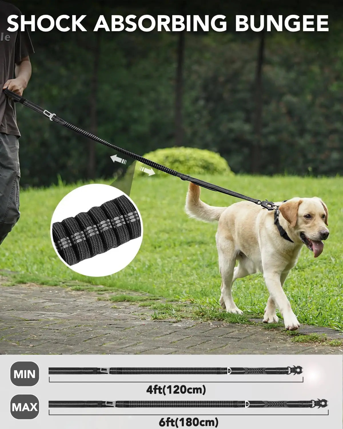 Heavy Duty Dog Lead with Elastic Bungee for Medium & Large Dogs - Shock Absorption & Safety Clip Included