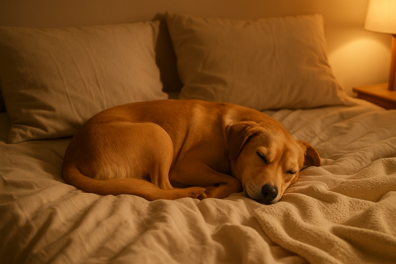 dog laying one of my beds sleeping coozy